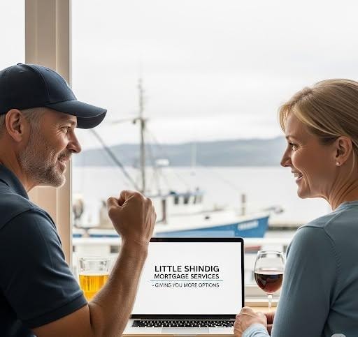 Couple discussing mortgage services waterfront